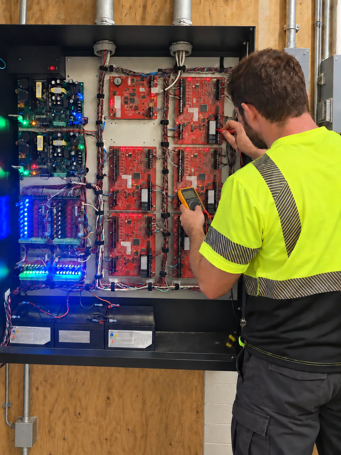 Technician in a yellow reflective shirt at an access control enclosure.