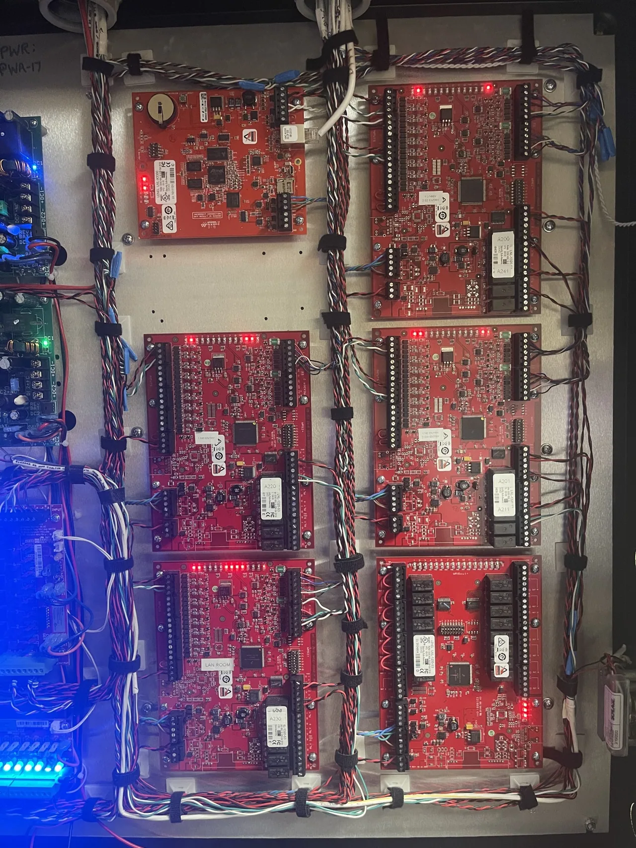 Lenel access control circuit boards and bundled field wiring.
