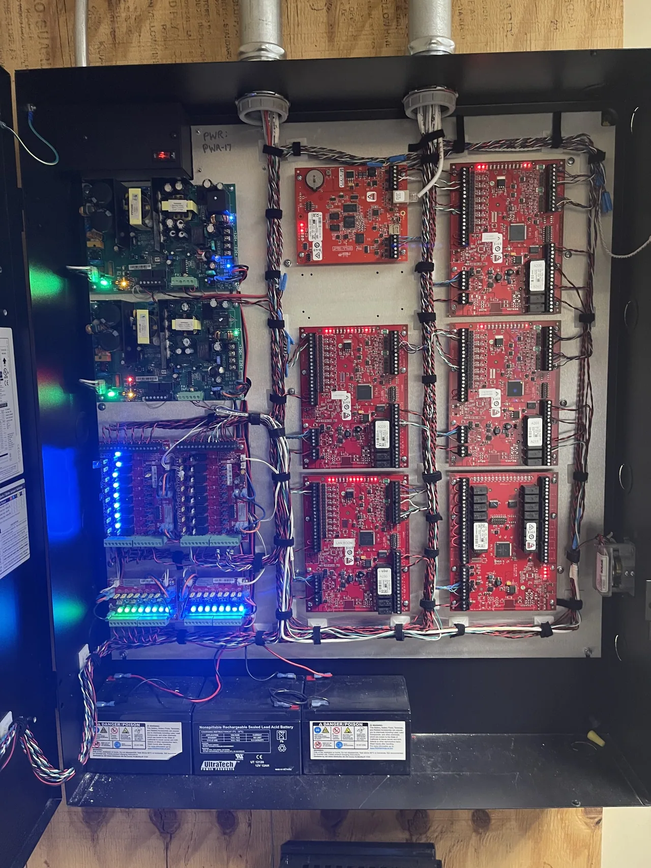 Access control boards, power distribution and backup batteries.